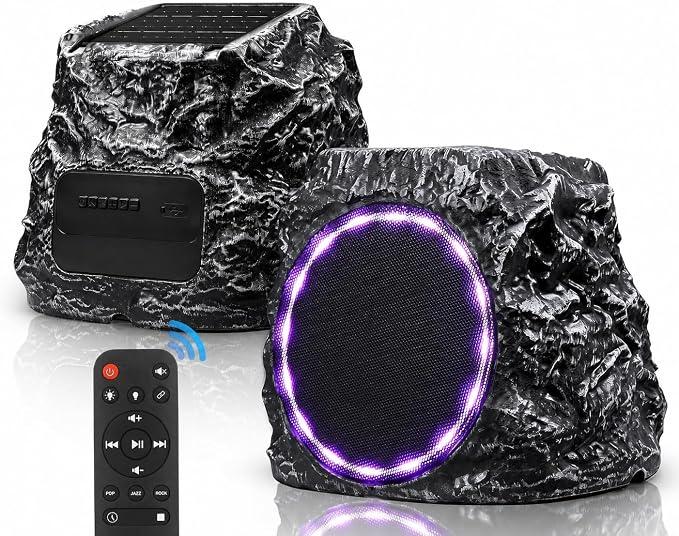 Daworot Upgraded Outdoor Rock Bluetooth 6.0 Speaker 60W Deep Bass Wireless Outdoor with Solar Charging, Remote Control,IPX7 Waterproof Speaker with Perfect for Pool,Garden,Patio - 2 Packs