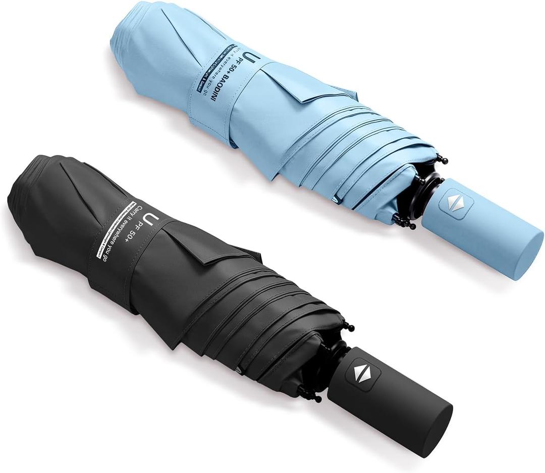 BAODINI Small UV Protection Travel Umbrella Compact for Rain and Sun UPF 50+ Windproof Portable 42 inch Umbrella for Women and Men (E-2 Pack Light Blue & Black)