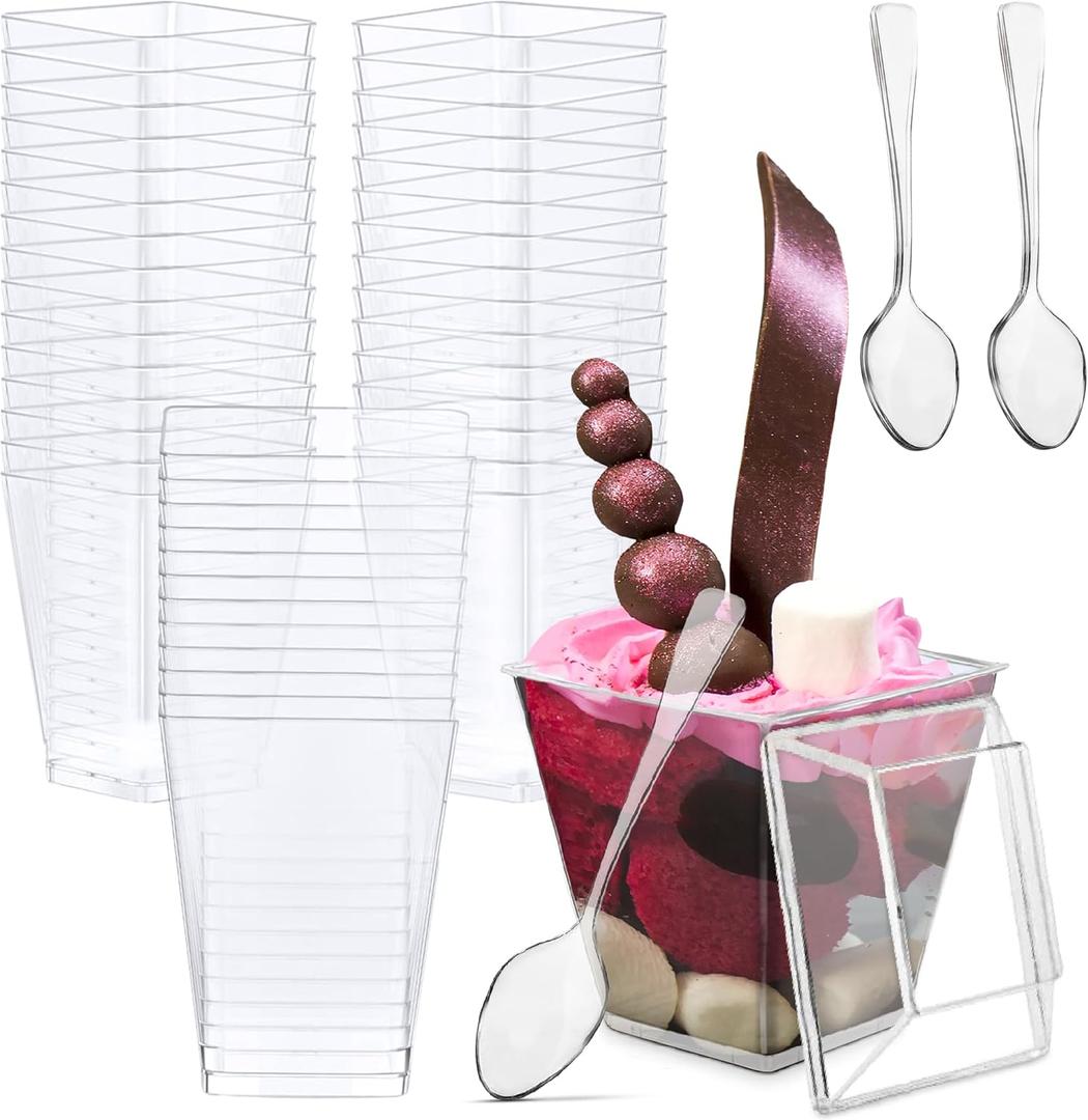 Oasis Creations Square Mini Dessert Cup - 3.5 ounce - 50 Count - Lids & Spoons Included - Clear Plastic - Appetizer Cup - Parfait Cup - Dessert Cup -Disposable or Reusable (50 Pack)