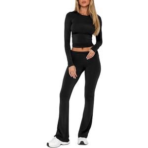 AGECODE 2 Piece Outfits Lounge Sets for Women Ruched Long Sleeve Tops Flare Yoga Pants Tracksuit Workout Sets L