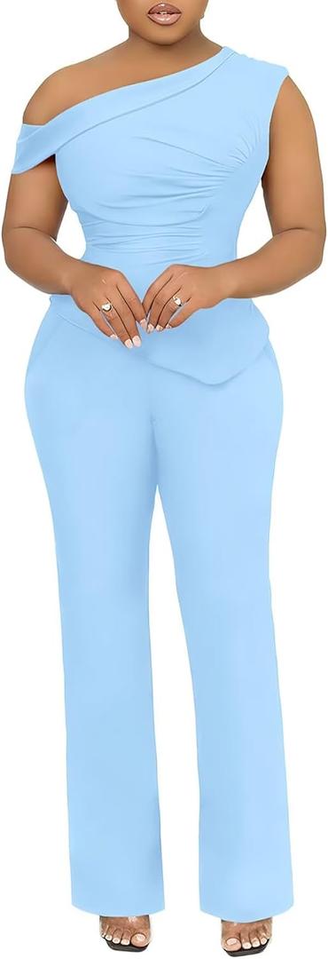 Aro Lora Womens 2 Piece Outfits Sexy One Shoulder Ruched Irregular Hem Top Pant Set Dressy Pant Suits (Blue) XL