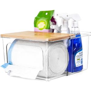 iCASA Trash Bag Dispenser Under Sink Organizer, 2-in-1 Acrylic Trash Bags Holder with Bamboo Lid, Holds Large Rolls up to 100 Count, Garbage Bag Storage Container for Kitchen, Pantry, Laundry Room
