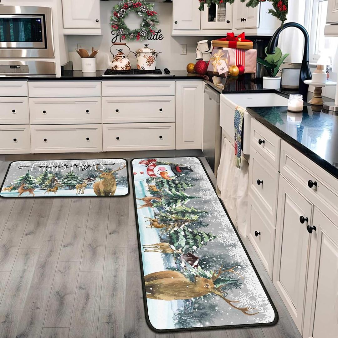 Christmas Kitchen Rugs and Mats Set of 2, Xmas Decor Non Slip Backing Xmas Trees Rug Winter Holiday Kitchen Rug Christmas Decorations for Home Low-Profile Kitchen Floor Mat 17"X47"+17"X30"