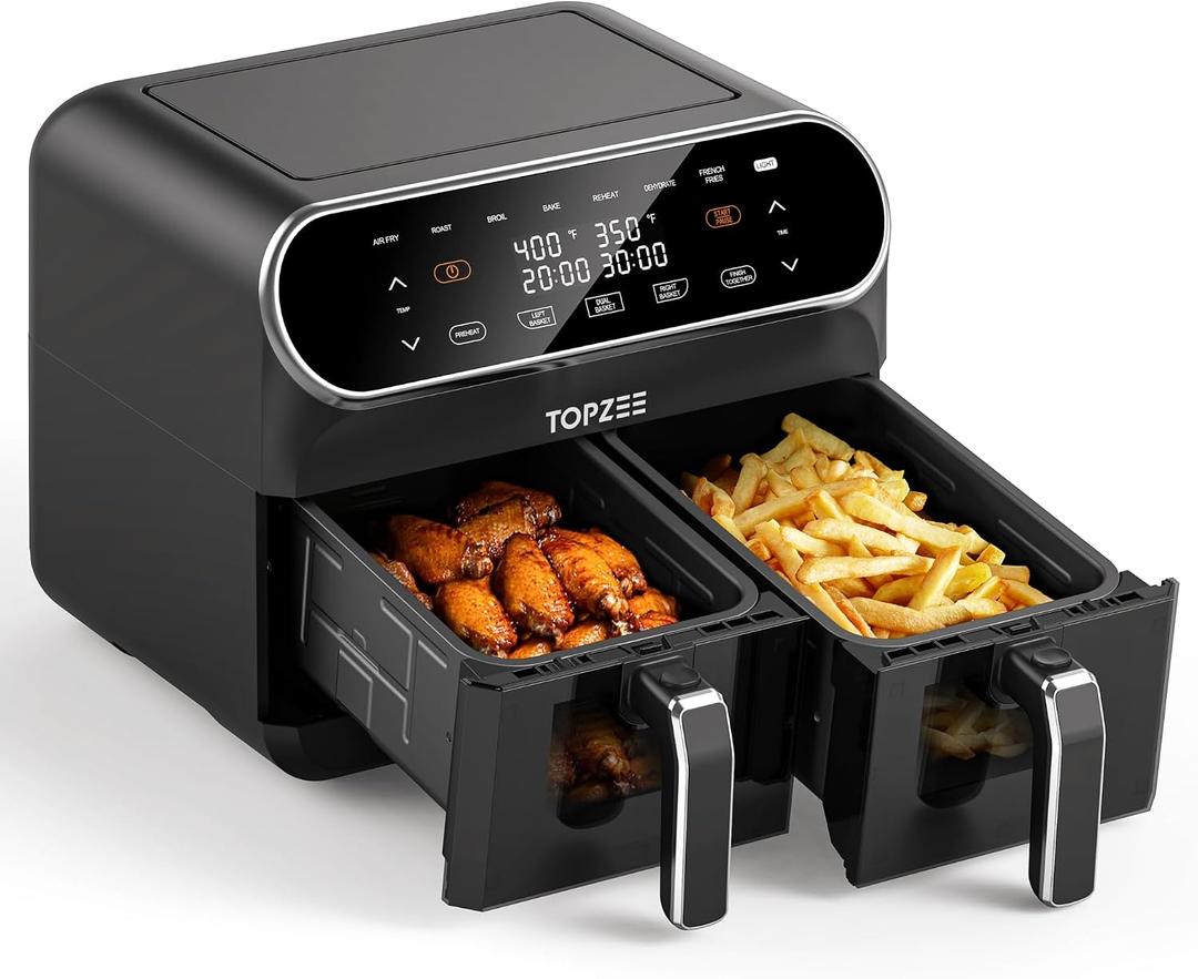 Topzee Dual Basket Air Fryer 8QT – Family Size Air Fryer with Dual Independent Zones, 8 Cooking Presets, Simultaneous Finish Mode, Viewing Windows, 90–400°F, Low-Oil Cooking, Black, Large