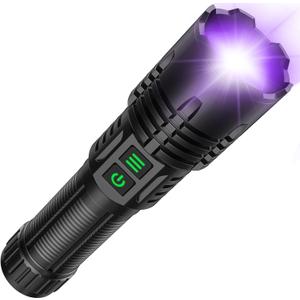 AdamStar UV&High Lumens Flashlight Rechargeable, 2-in-1 Powerful Blacklight LED Flashlight Tactical 6 Modes Super Bright Waterproof Zoomable Detector for Pet Urine Curing Resin Camping Emergencies