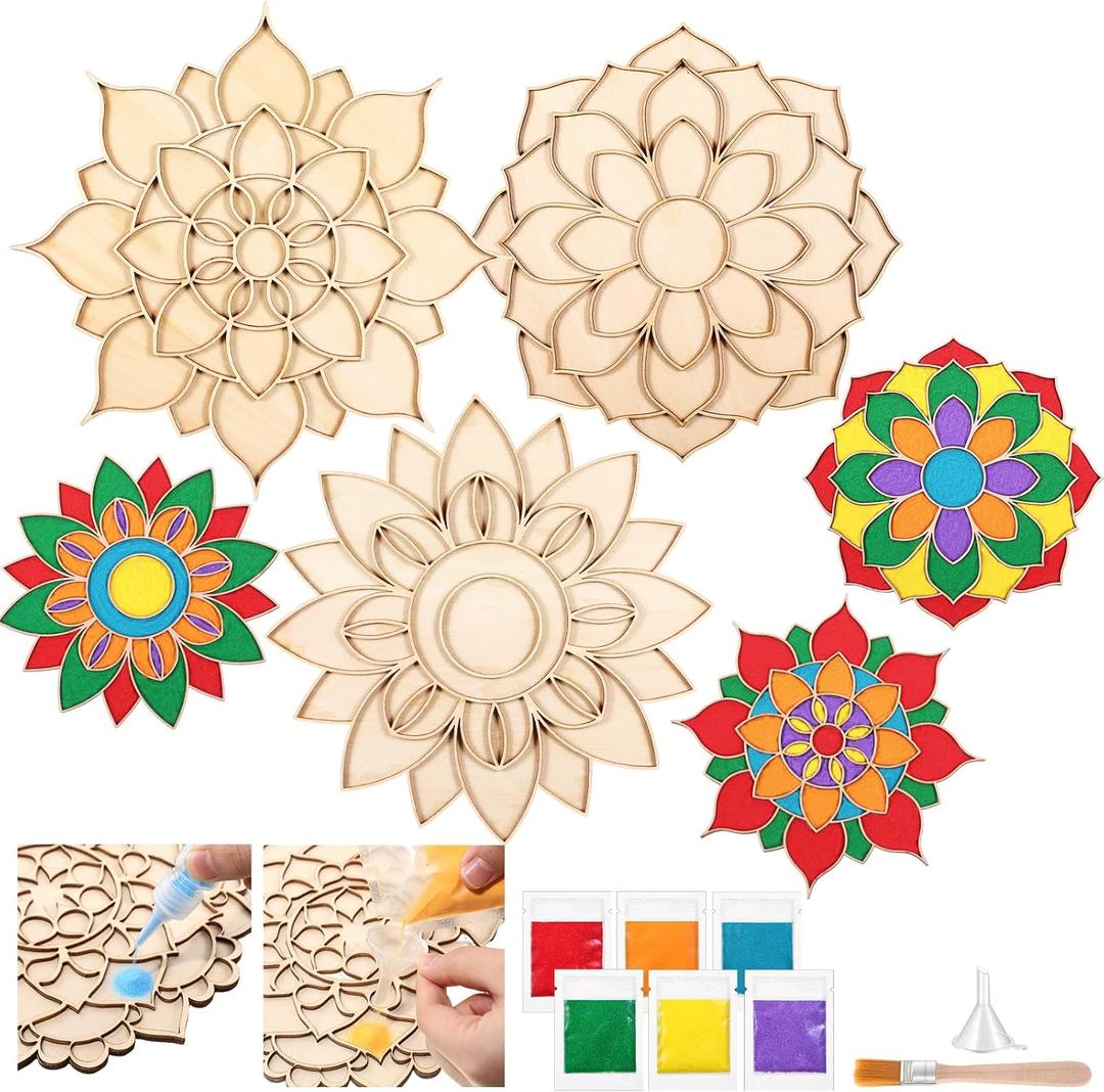3 Pcs 9 Inch Diwali Mandala Sand Art Set Reusable Rangoli Mats with Colored Sands Wooden DIY Floral Indian Rangoli Stencils Decorative Plates DIY Crafts for Traditional (Exquisite)