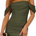 PRETTYGARDEN Cocktail Dresses 2025 Summer Off Shoulder Sexy Bodycon Ruched Mesh Graduation Wedding Guest Mini Short Dress, M