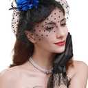 Cizoe Fascinator for Women with Black Veil Derby Headpiece Tea Party Hats and Lace Gloves (Blue)