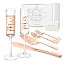 ROXBURGH Wedding Cake Knife and Server Set, Bride and Groom Mr and Mrs Champagne Flutes & Forks with Giftable Box, Cake Cutting Set for Wedding Engagement Bridal Shower Gifts
