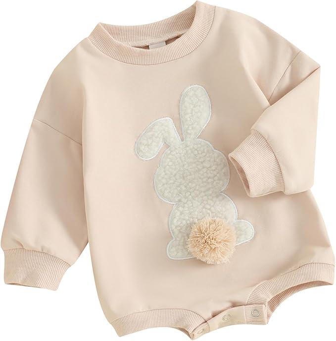 MOBJVIY Toddler Baby Girl Clothes Cute Bunny Embroidery Long Sleeve Sweatshirt Romper Newborn Girl Boy Easter Outfit (Khaki, 12-18 Months)
