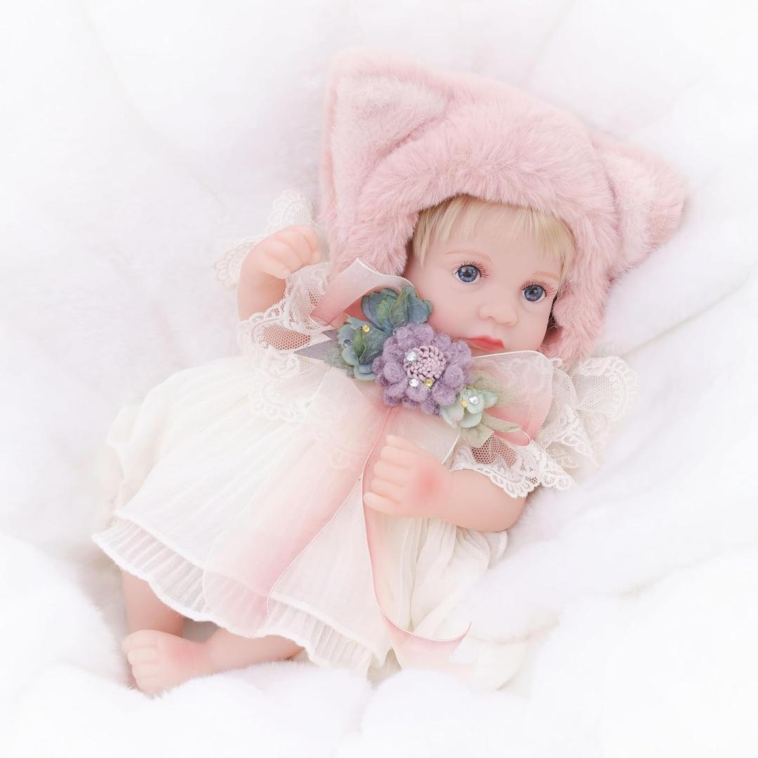 Reborn Baby Doll 12 Inch Full Vinyl Body Realistic Girl with Pink Fox Hat & Hand-Painted Details Cute Animal Doll Gift for Kids