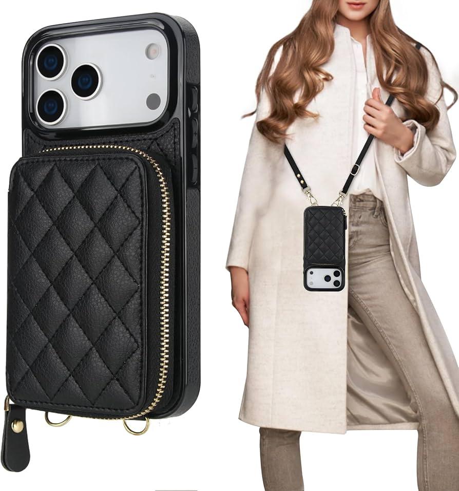 Bocasal Crossbody Wallet Case for iPhone 17 Pro Max, RFID Blocking Leather Purse Case with Card Holder, Protective Handbag Flip Cover with Zipper Wrist Strap Lanyard for Women 5G 6.9 Inch (Black)