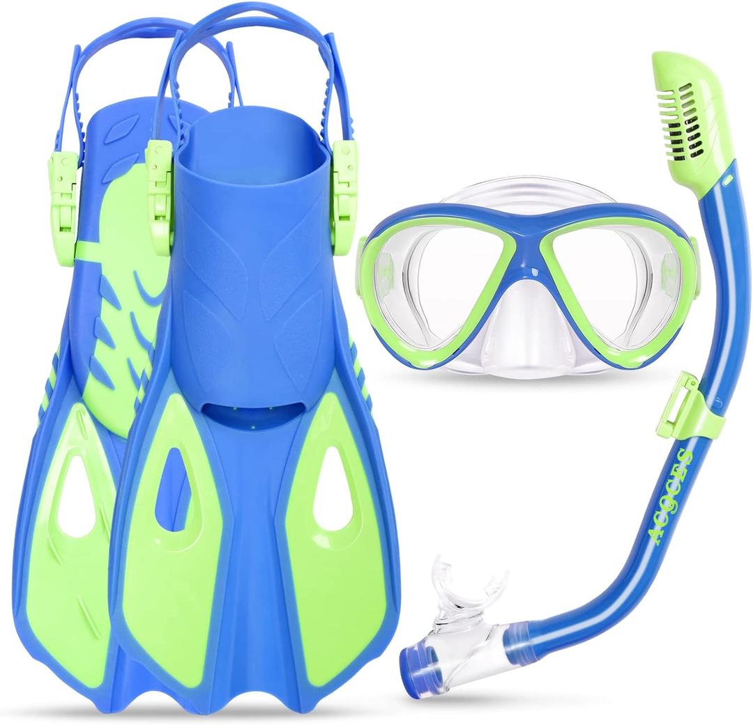 Kids Mask Fins Snorkel Set, Dry Top Snorkeling Gear for Kids Youth Boys Girls Junior Age 5-15 Tempered Glass Snorkel Mask Set Panoramic View Snorkeling Packages (XS(11-1), Blue+Green)