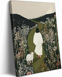 Jesus and Lamb Christian Canvas Wall Art Jesus Leaves the 99 Sheep Painting Picture Wall Decor The Good Shepherd Bible Poster Print Artwork for Living Room Bedroom Church Prayer Room Decorate, Framed