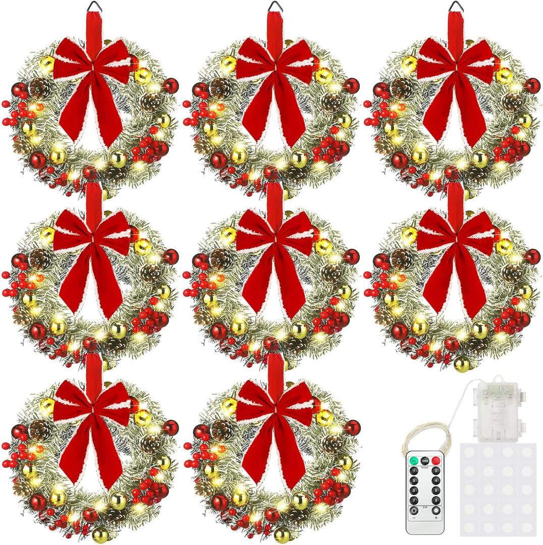 Ceenna 8 Pcs Lighted Christmas Wreath 14 Inch Pre Lit Artificial Christmas Wreath with Battery Operated LED Light and Timer for Xmas Front Door Outdoor Window Holiday Party Decor (Red/Bow)