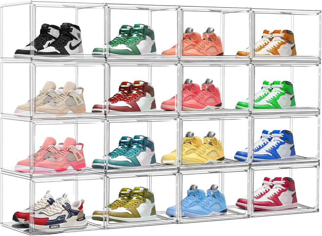Size 12 Acrylic Shoe Boxes,12 Pack Shoe Display Cases Clear Plastic Stackable Shoe Container Hat Sneaker Storage Bins, Fit Up to US Men's/Women's Size 12 Shoes
