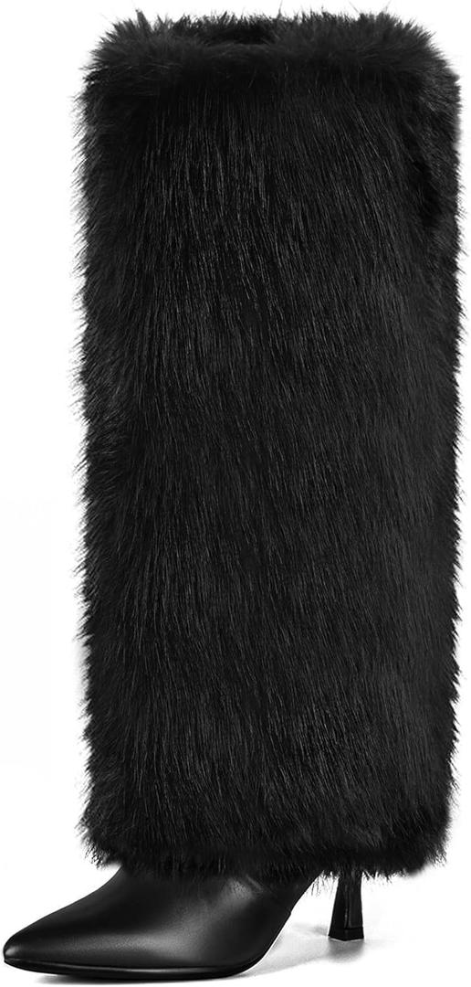 Womens 3.3-inch Kitten Heel Knee High Fur Boots Furry Fuzzy Fluffy Pointed Toe Boots for Women Tall Wide Calf Fall Winter Snow Fold Over Boot with Side Zipper (9, Black)