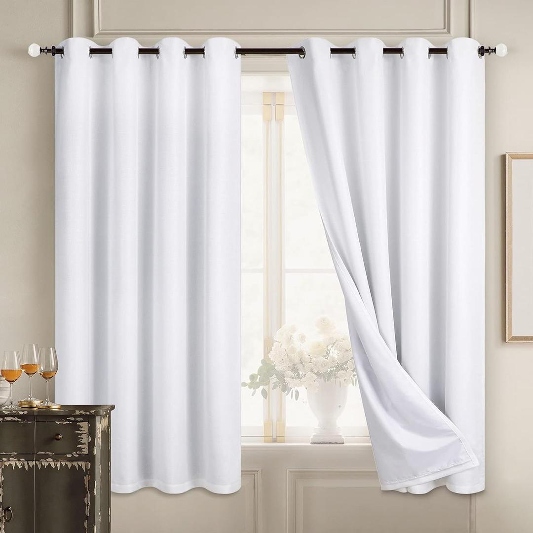 Diraysid 100% Blackout Curtains White Linen Curtains for Bedroom Grommet Thermal Insulated Room Darkening Drapes (2 Panels, W52 x L63 Inch) White