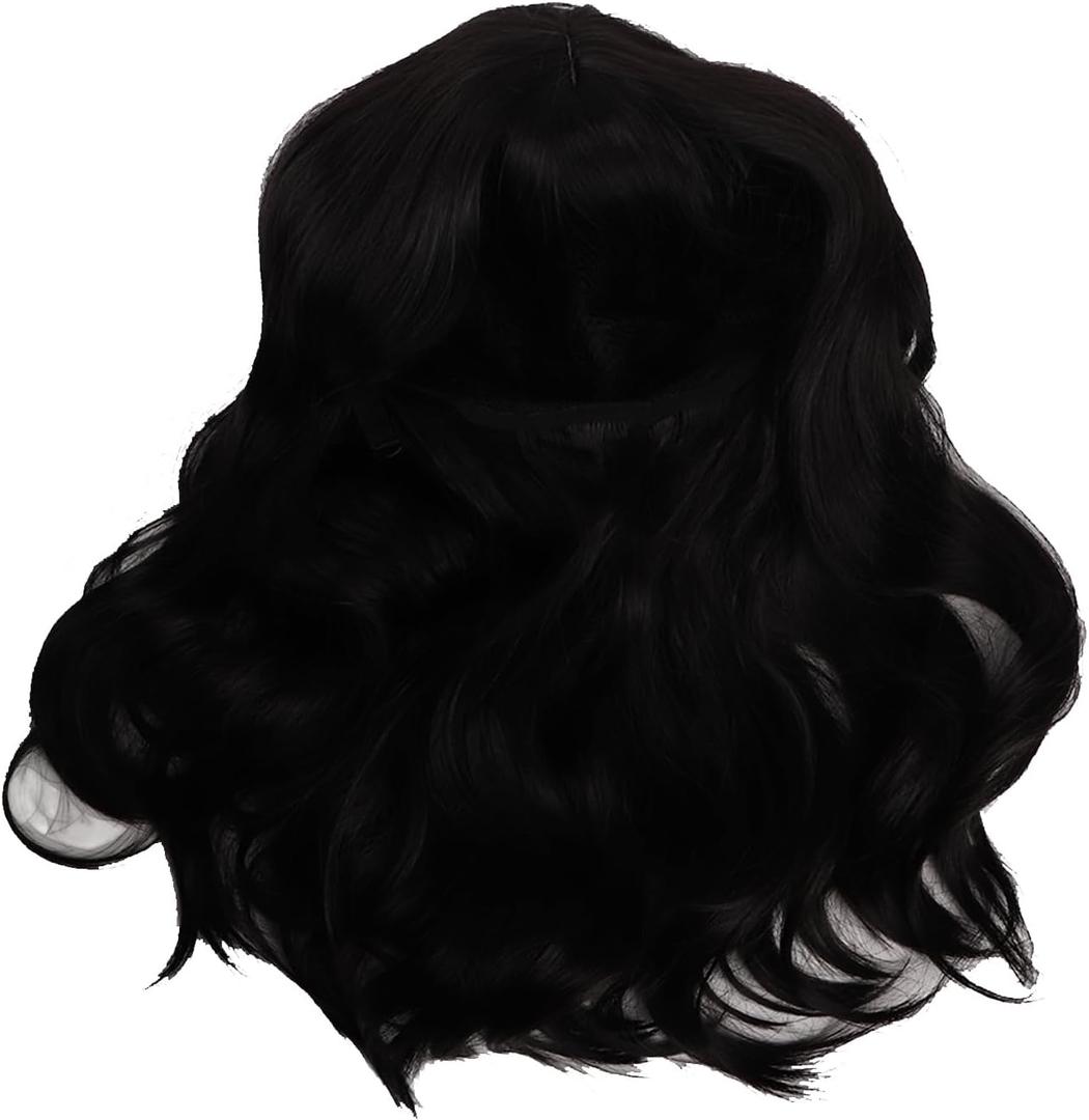 Generic Women's Black Long Curly Wig, Adjustable Medium Length Black Wavy Hair Wig for Daily Use, Safe High Temperature Synthetic Hair