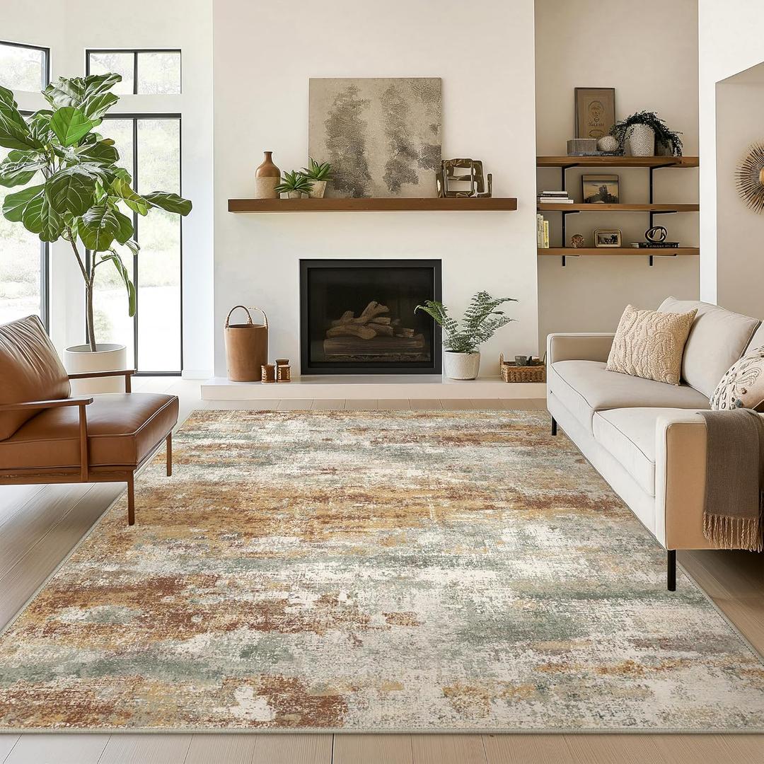 Area Rugs 5x7 for Living Room Bedroom, Modern Abstract Machine Washable Rug, Soft Low Pile Floor Cover with Non Slip Backing for Dining Room, Orange Green