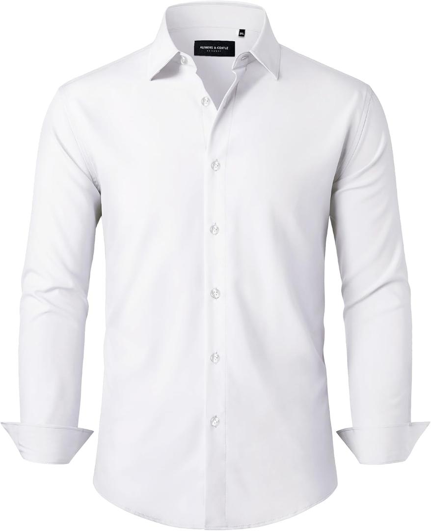 Alimens & Gentle Mens Dress Shirts Stretch Long Sleeve Formal Business Wedding Button Down Shirt Wrinkle Free (Medium, Solid White)