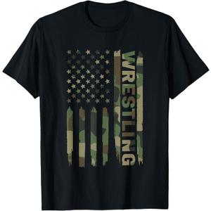 Wrestling American Flag Camo Wrestler T-Shirt, Black, M