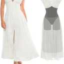 Popilush Women's Formal Wedding Guest Lace Sleeveless V Neck Maxi Shapewear Dress Evening Mother of Bride Split Dresses, S