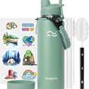 Swigina [2-IN-1 LID] Insulated Water Bottle with Silicone Boot (36hrs Cold/18hrs Hot) - DIY Stickers, Leakproof, BPA Free, 40 oz (Soft Green)