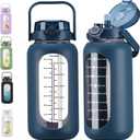 chunmo 74 oz Glass Water Bolttles with Straw Large Motivational Water Bottle with Time Marker Sports Water Bottles with Silicone Sleeve and Handle Lid 2.2L Water Jug for Gym Workout