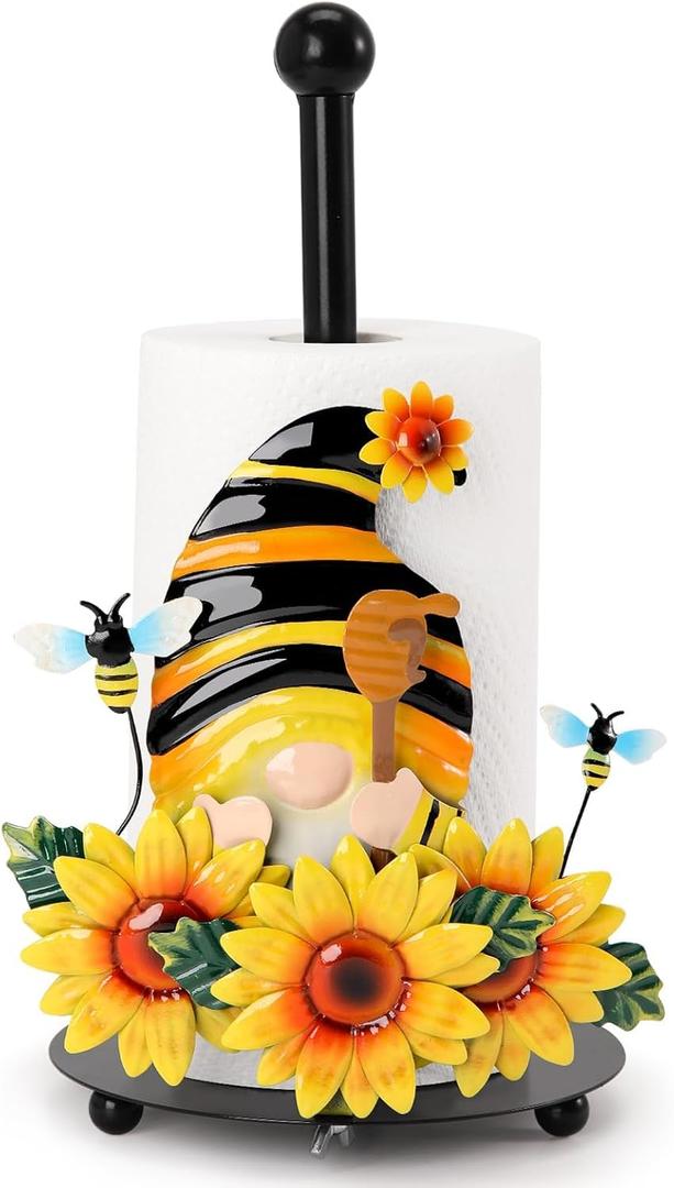 Qmetalart Sunflower Gnome Paper Towel Holder, Gnome Honey Bees Kitchen Bathroom Decor Modern Accessories Metal Farmhouse Large Paper Towel Stand for Countertops Swedish Gnome Lover Gifts (Yellow)
