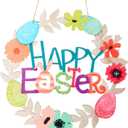 Wooden Easter Wreath for Front Door with Colorful Egg Bunny Happy Easter Decorations Welcome Sign for Wall Decor Home