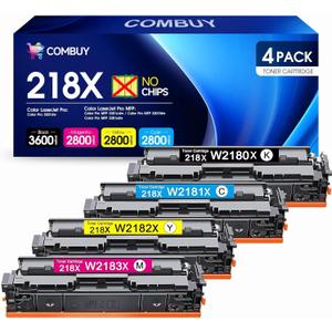 COMBUY 218X Toner Cartridges 4 Pack (NO CHIP) High Yield Replacement for 218X 218A Toner Cartridges W2180A W2180X for Color Pro MFP 3301fdw 3201dw 3301cdw 3301sdw Printer W2180A W2180X Ink (B/C/Y/M)