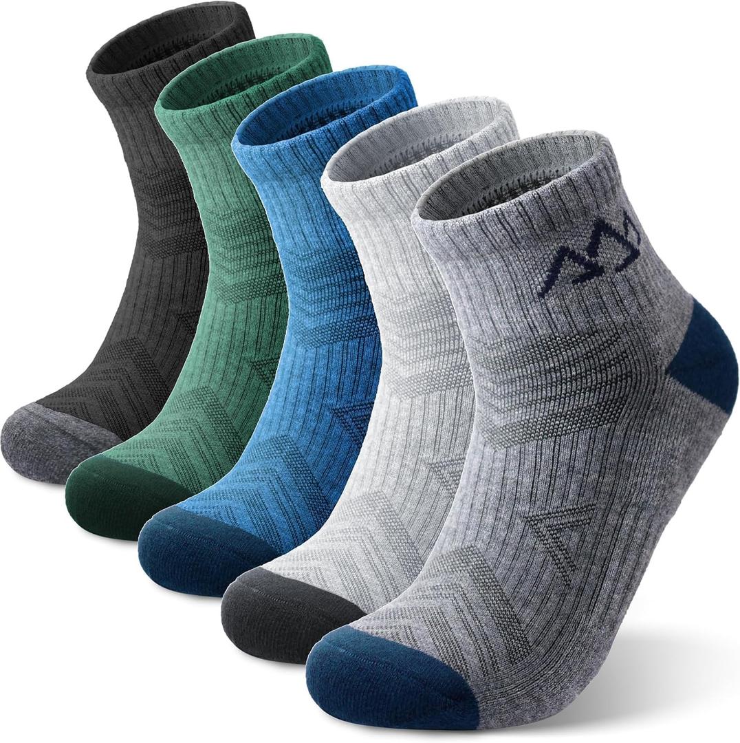 innotree Merino Wool Hiking Socks for Men & Women Quarter Ankle Compression Thick Cushion Breathable Anti Odor Socks, 5 Pairs (Large, Black, Gray, Dark Gray, Green, Blue)