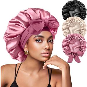 Yanideer 3 pcs Adjustable Satin Bonnets for Sleeping Double Layer Satin Lined Hair Bonnet with Tie Band for Women Curly Hair (One Size, Gold)