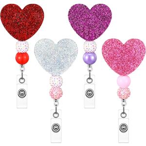 Giegxin 4 Pcs Valentines Day Badge Reel Retractable Acrylic Heart Love Badge Holder Reels Clips for Pediatric Nurses Medical Assistant ID Badges Name Tag Card