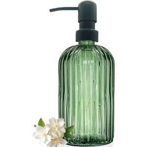 Green Glass Soap Dispenser with Black Rust Proof Stainless Steel Pump, 13.5Oz Bathroom Clear Liquid Lotion Bottles Refillable Dish Dispensers with Vertical Stripe, Hand Dish Dispenser for Kitchen