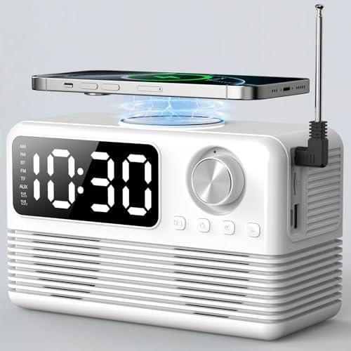 FlyShow 15W Fast Wireless Charger with Bluetooth Speaker and Alarm Clock Radio,4 in1 Wireless Charging Station for iPhone,Android Phones with FM Radio for Bedroom