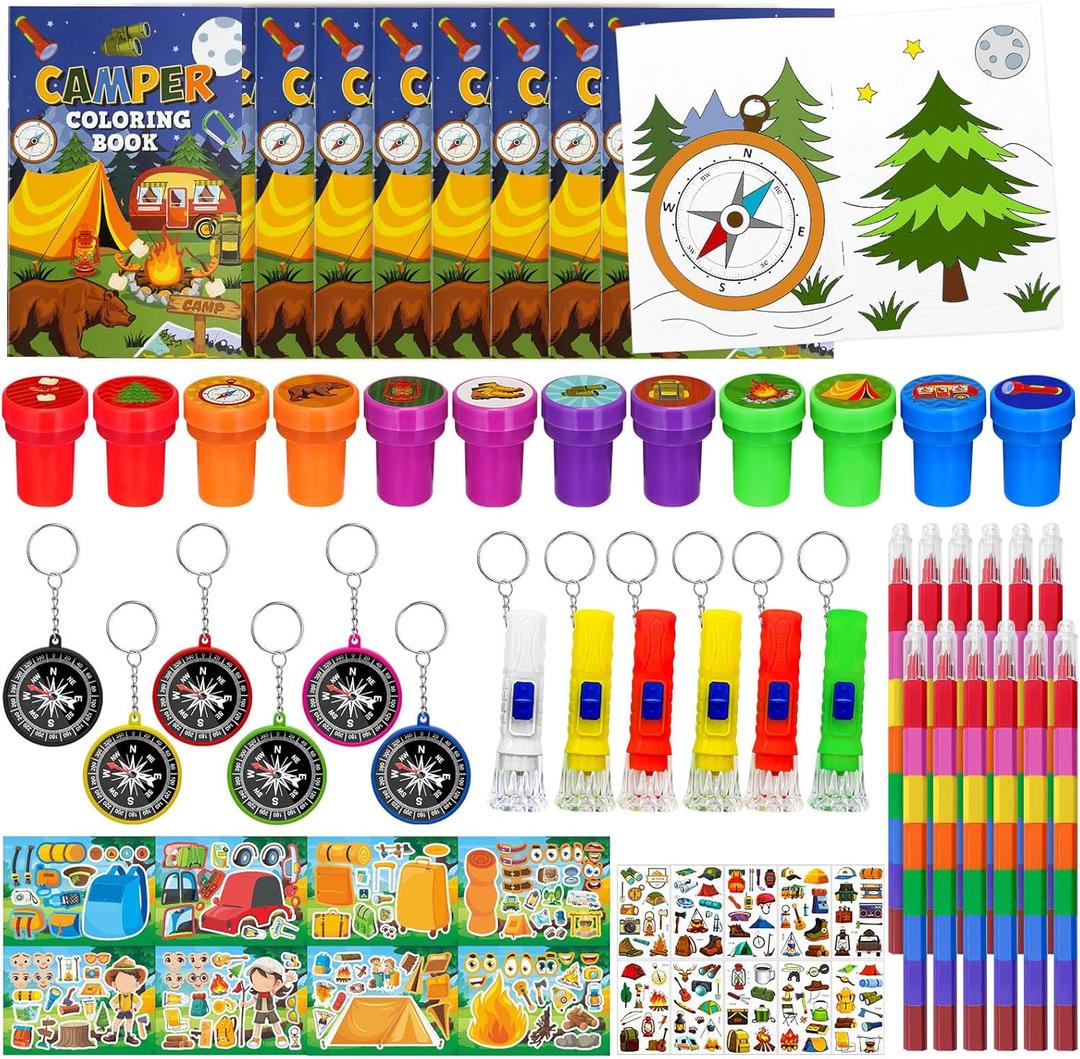 Cinrobiye 72 Pcs Happy Camper Party Favors Bulk, Summer Camper Birthday Party Supplies, Adventure Camping Coloring Book with Crayons Tattoos Stampers for Pinatas GiftsCamper Party Goodie Bag Fillers