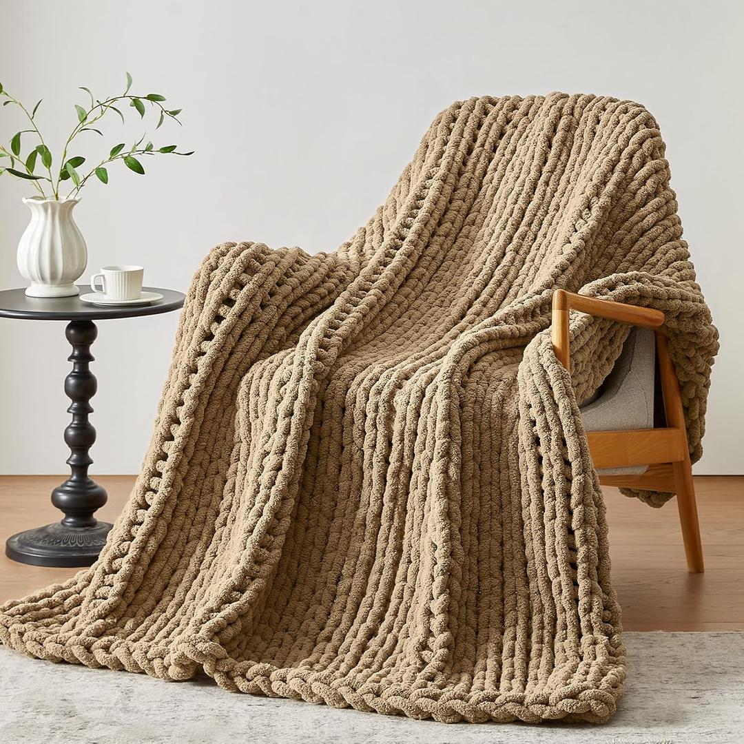 Chunky Knit Throw Blanket, 50''*60'' Knitted Throw Chenille Yarn for Bed Couch, Handmade Light Brown Crochet Big Thick Blanket, Machine Washable Cute Comfy Blanket for Home Decor