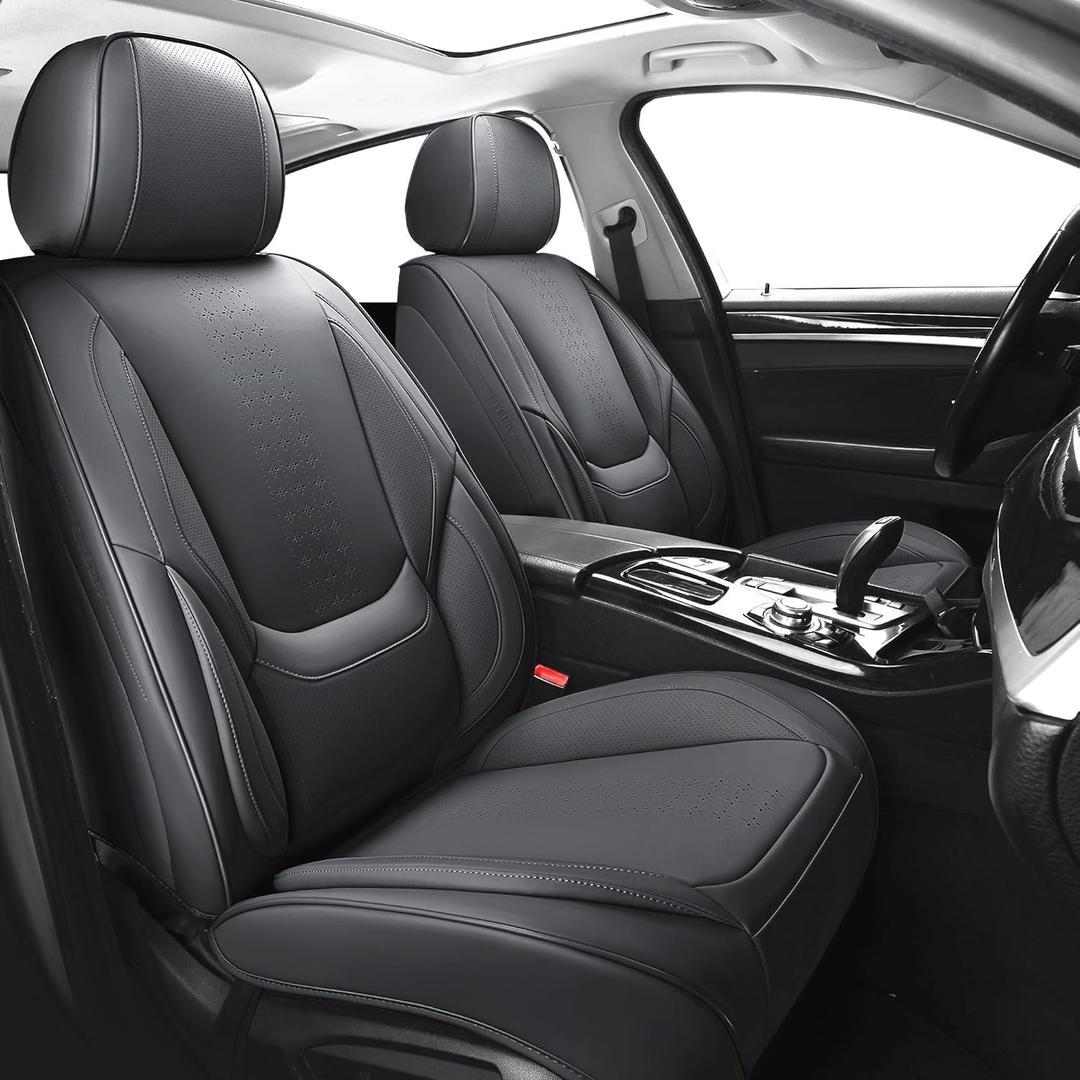 Chezope Car Seat Covers Full Set, Black Leather Seat Covers, Breathable Front and Back Car Seat Protectors, Wear-Resistant Seat Covers Universal Fit for Most Cars SUV Truck (Black-Solid, Full Set)