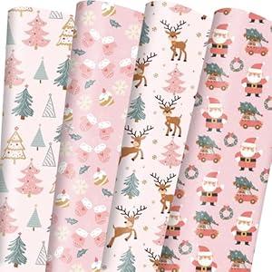 Vnaaem Pink Christmas Wrapping Paper for Boys Girls Kids - Cute Xmas Gift Wrap With Santa Christmas Tree Reindeer Design for Christmas Holiday Party Celebration - 20 X 28Inches Per Sheet(8 Pack)