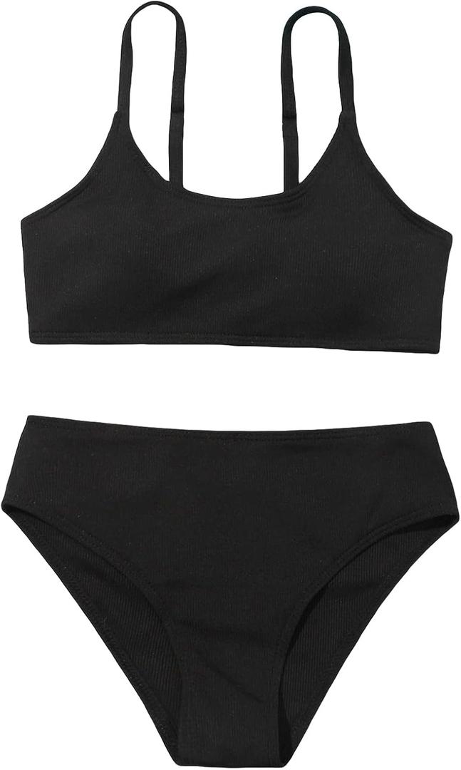 OYOANGLE Girls' Two Piece Swimsuit High Waist Bikini Set Solid Swimwear Bathing Suit (10 Years, Black)