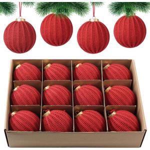 12 Pack Crochet Christmas Ball Ornaments Christmas Knitted Tree decorr - Earthy Tones & Festive Colors for Xmas Tree Decorating (Red, 3.15inch)
