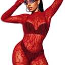Women Sexy Fishnet Full Bodysuit, Mesh Lace Poster Jumpsuit Glow Party Rave Outfits, Body Stockings Halloween Costume (Red)