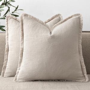 ANRODUO Set of 2 Decorative Throw Pillow Covers 2222 Inch Soft Linen Fringe Farmhouse Boho Vintage Cushion Covers with Tassels Accent Pillowcase for Couch Sofa Bed Living Room Decor Natural Beige