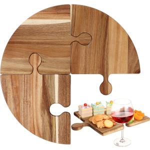 Acacia Wood Puzzle Serving Tray Cutting Board Set of 4 Large Charcuterie Boards with Handle Serving Tray for Meat, Cheese, Fruit, Vegetables, 19.69'' x 19.69''