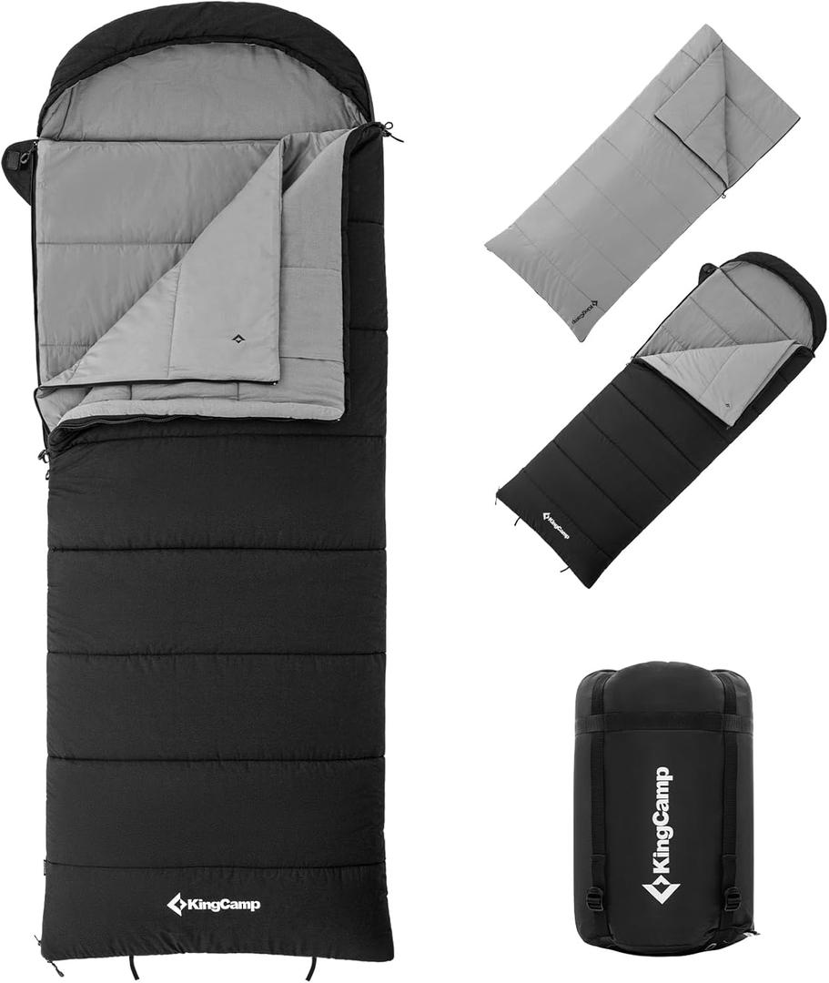 KingCamp 3-in-1 Sleeping Bag for Adults Cold & Warm Weather, XL Size for Big & Tall Individuals, Waterproof, Flannel Lining, Extra Length-Ideal for Camping & Backpacking (Black)