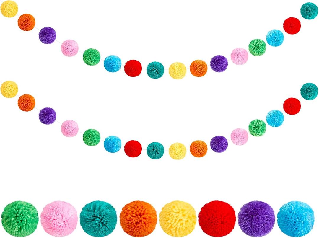 Boao 2 Pcs 78 Inch Colorful Pom Pom Garland Large 3 Inch Yarn Ball Garland 32 Rainbow Balls Birthday Hanging for Christmas Classroom Boho Decor Wedding Thanksgiving Party Decorations(Rainbow Color)