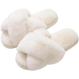 Evshine Women's Fuzzy Slippers Cross Band Memory Foam House Slippers Open Toe, Size 42-43