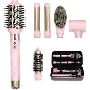 ELLA BELLA 6 in 1 Professional Hot Air Styler  Powerful Hair Dryer & Straightener Set  Styling Without Heat Damage  Fast Drying Curling Volumizing Straightening  Protective Travel Case (Pink)